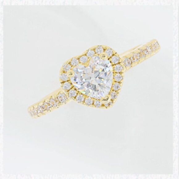18K Yellow Gold and White Diamond Cubic Zirconia Halo Heart Engagement Ring - Picture 5 of 5